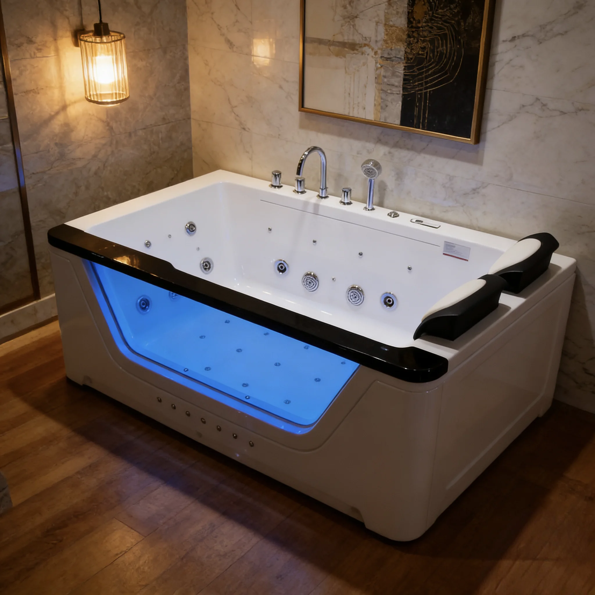 2-Person Luxury Whirlpool Bathtub with LED Light, Hydrotherapy Jets and Waterfall Faucet