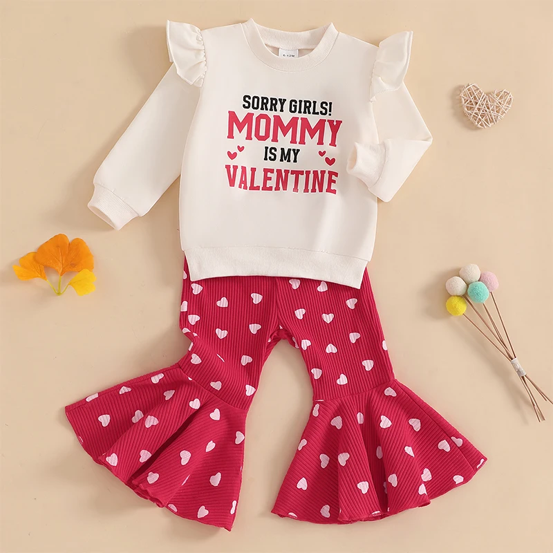 1-5Years Kids Baby Girls 2Pieces Sets Ruffle Long Sleeve Letters Sweatshirts with Heart Print Flare Pants Valentines Day Clothes