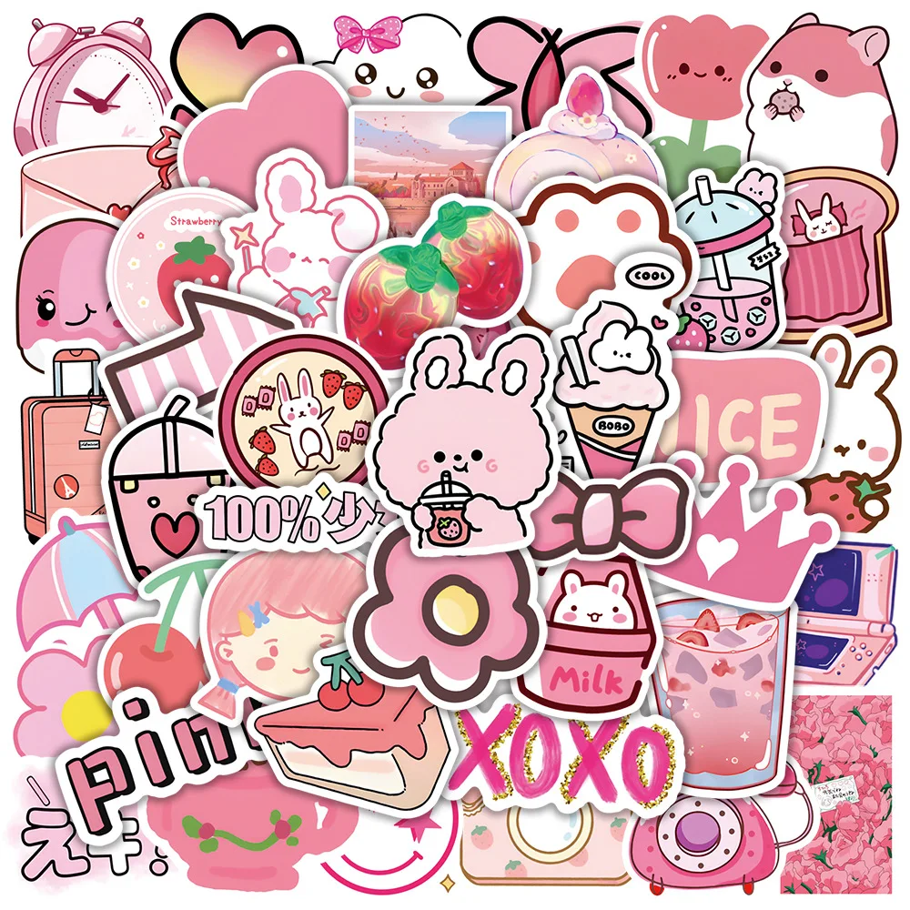 50 autocollants roses de dessins animés pour filles, mignons autocollants coréens pour ordinateur portable, valise, téléphone, carnet, guitare, décoration