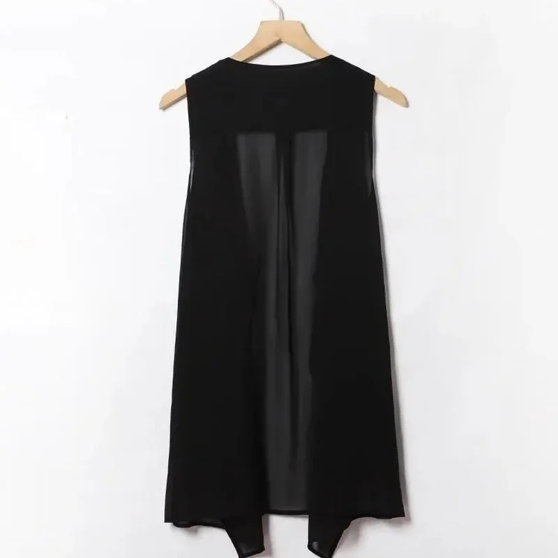 Women's Coat Plus Size Chiffon Vest Summer Korean Version Sleeveless Cardigan Loose Vest Thin Black Cover-ups Jacket