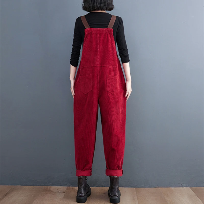 Fashion Streetwear Winter Corduroy Overalls For Women Pockets Straps Ladies Jumpsuits Loose Baggy Wide Leg Cargo Pants Red Black