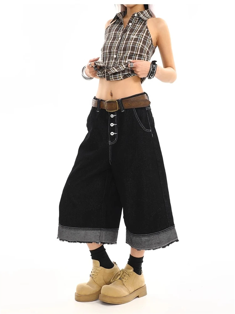 

Women's Black Single Breasted Denim Cropped Trousers Summer Cool Girl Calf-length Jeans Female High Waist Capris Pants