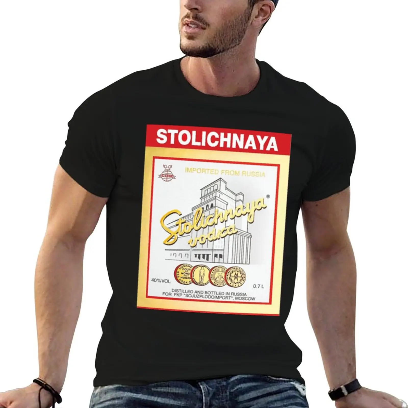 Camiseta clásica con logo de Vodka Stolichnaya, camiseta informal divertida para hombre, camisetas de algodón de anime, camiseta de gran tamaño