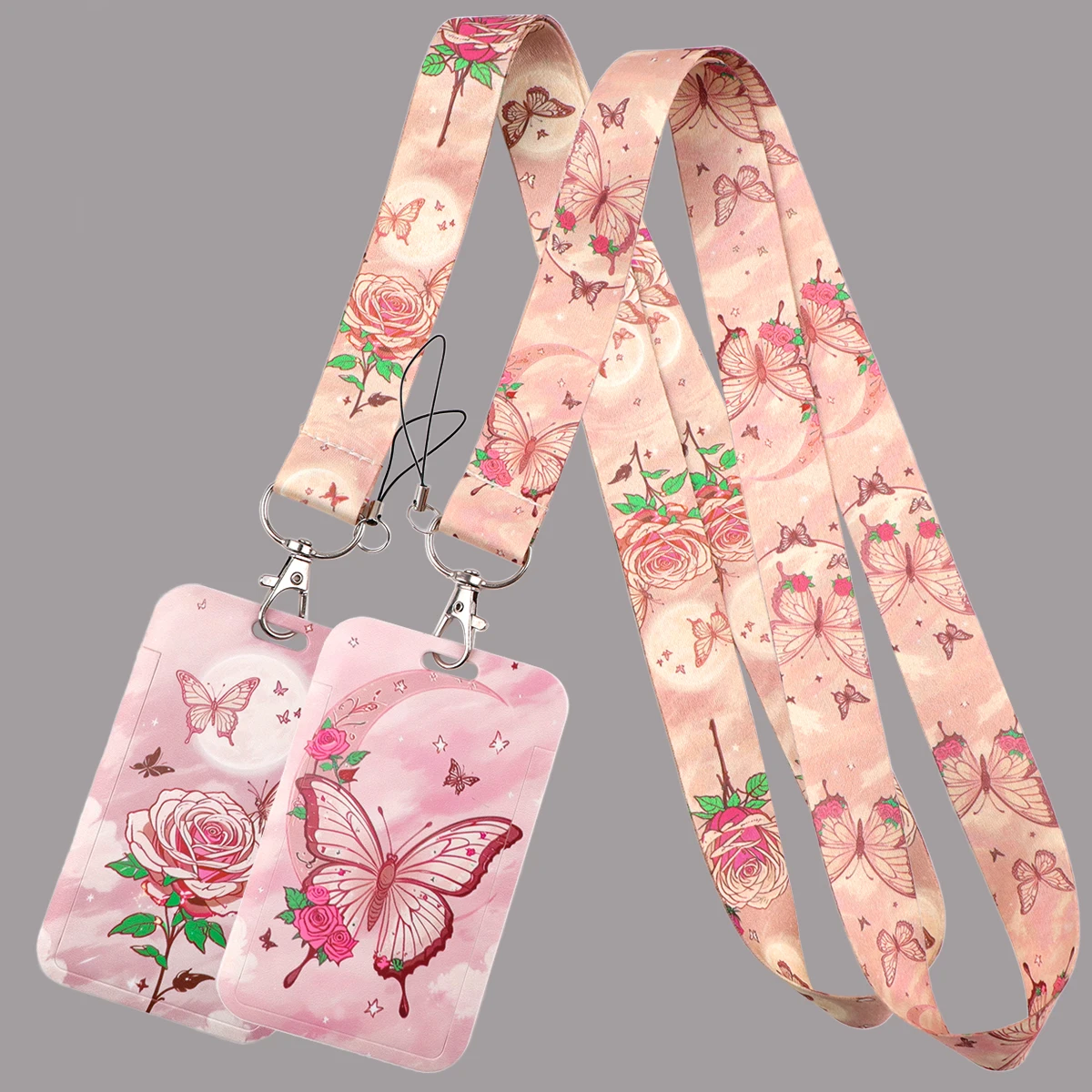 

Pink Butterfly Neck Straps Rose Lanyards Keychain ID Card Pass Gym Mobile Phone Key Ring Badge Holder Accessories Gifts