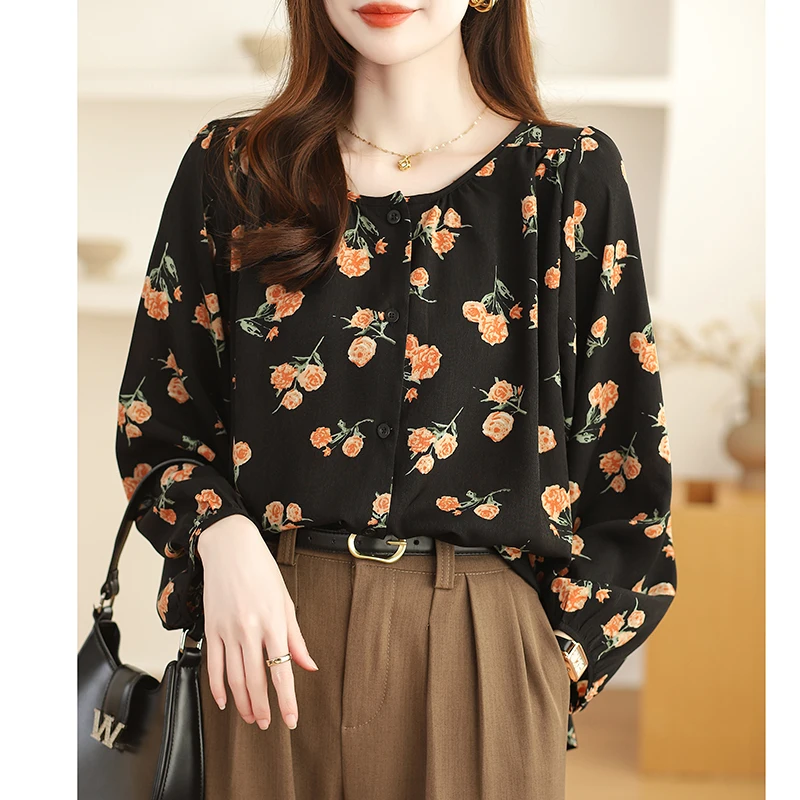 Women Summer Korean Chiffon Office Lady Printing O-neck Long Sleeve Shirts Women Clothes Casual All-match Simplicity Trend Tops