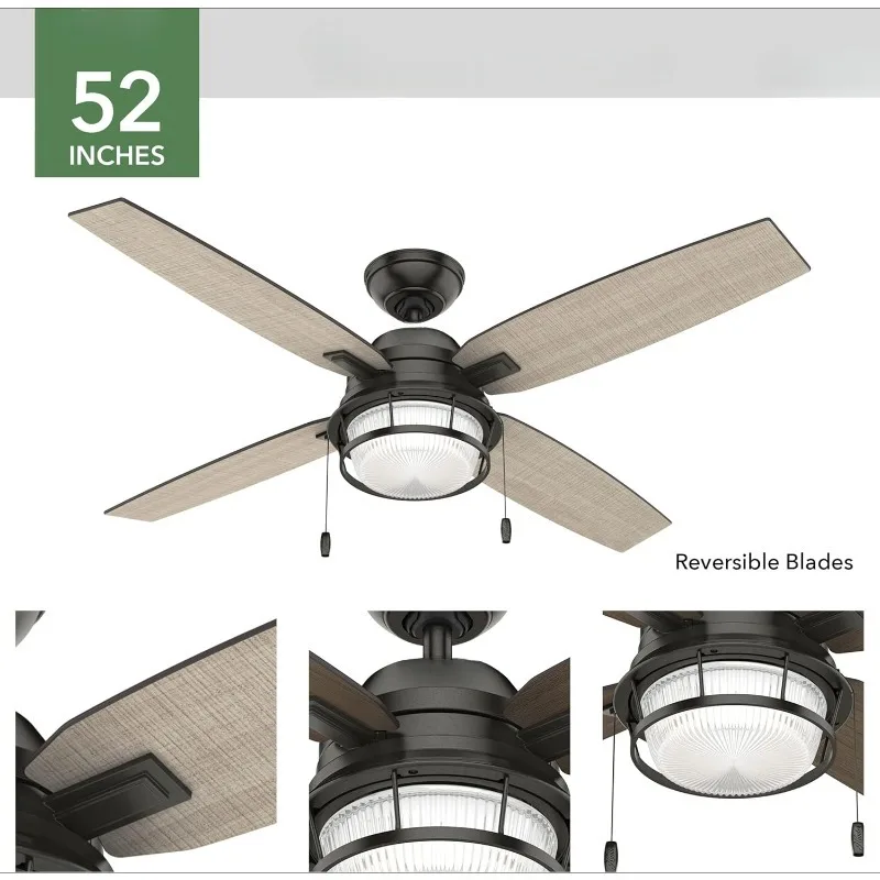 52 inch Noble Bronze Indoor / Outdoor Ceiling Fan with LED Light Kit and Pull Chain Modern ceiling fan, multi-speed upwind motor