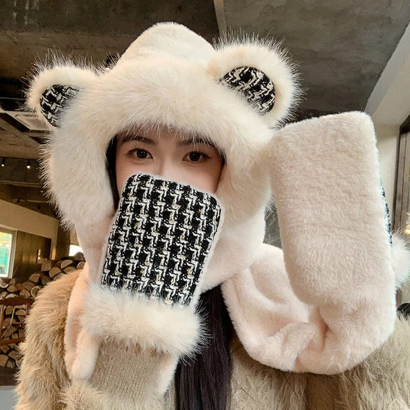 Cute Bear Hat Scarf Gloves All-in-One Winter Outdoor Padded Lei Feng Hat Women's Warm Ear Protection Pullover Hat Warm