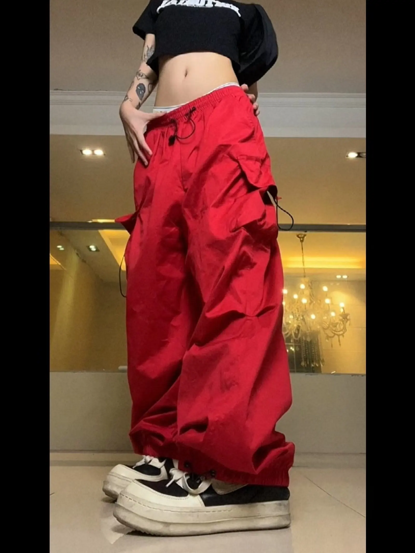 Y2K Red parachute pants Big Pockets Trousers Sweatpants High Waist Cargo Pants Tracksuits Harajuku Joggers Streetwear Pants