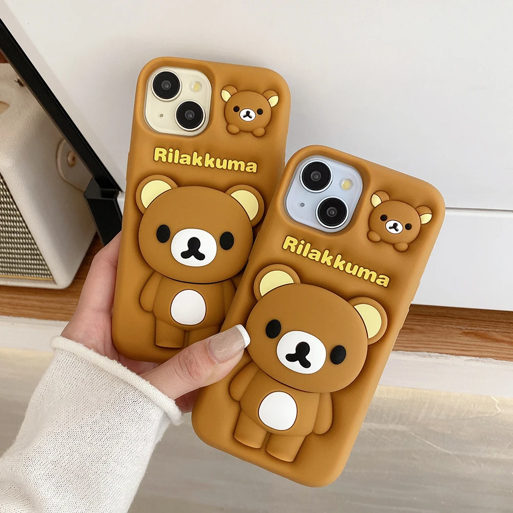 Kawaii 3D Cartoon Rilakkuma Bear Phone Case Soft Silicone Cover With Stand Holder For iPhone 11 12 13 14 15 16 Pro Max Plus