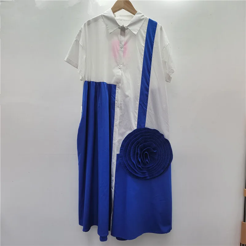 Whth moda feminina emendado 3d enrugado flor camisa vestido 2025 verão lapela mangas curtas vestidos femininos 1ls2027