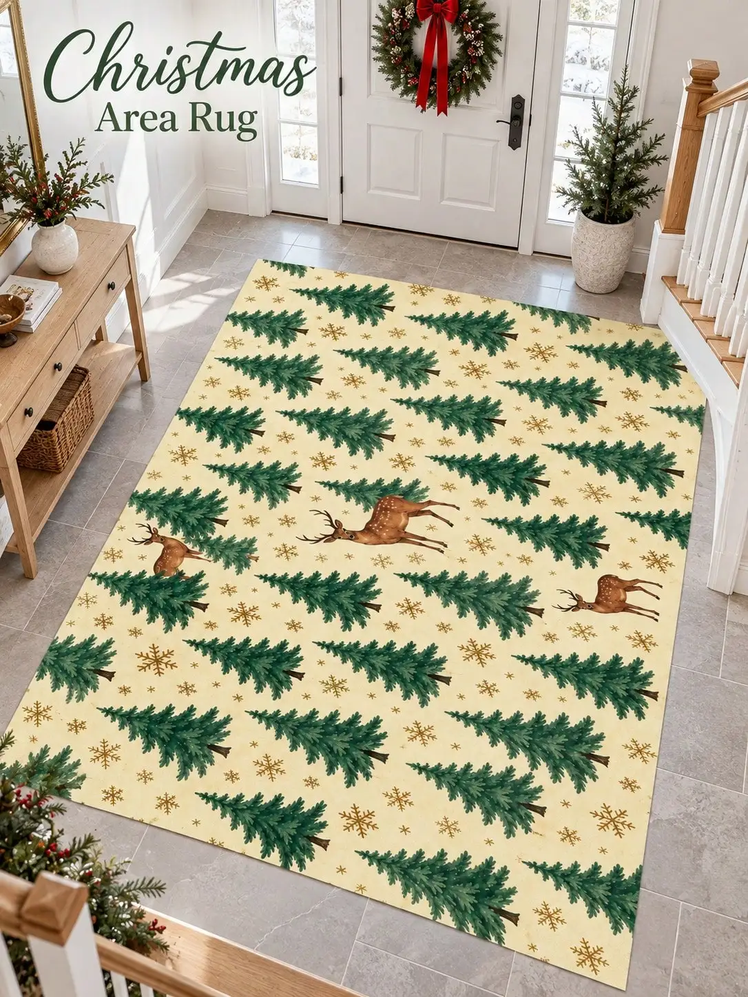 Christmas Rug Pine Trees Reindeer Living Room Bedroom Dining Area Entryway Floor Carpet Gift for Couples Family Neighbors Winter Thanksgiving Birthday Anniversary Housewarming Apartment Cottage Home Styling Sofa Side Reading Nook Holiday Gathering
