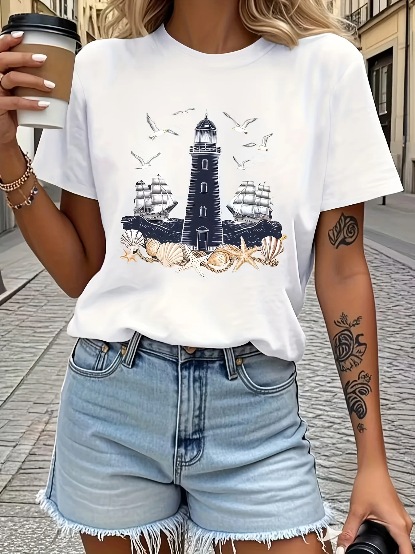 Ladies' Lighthouse and Seagull and Ship Pattern T-shirt Comfortable Edition Short Sleeve Casual Top Geometric Coast Design
