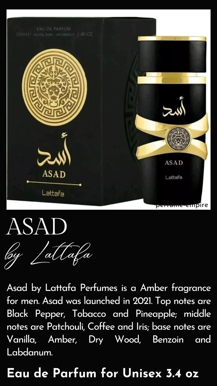 Lattafa Asad Eau De Perfum para hombres y mujeres |   Fragancia árabe de larga duración |   3,4 Oz / 100ml |   Stock de EE. UU. El mejor regalo