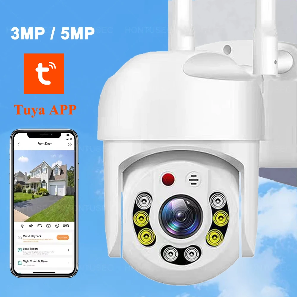 Tuya APP 5MP Wifi PTZ Camera Outdoor IP66 Auto Tracking AI Detection Two Way Audio Color Night Vision Security Camera System