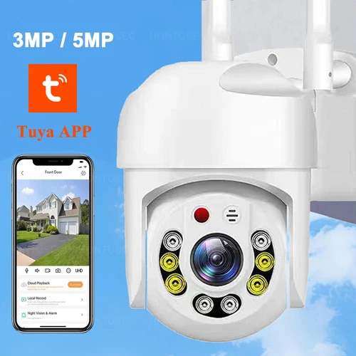 Tuya APP 5MP Wifi cámara PTZ al aire libre IP66 seguimiento automático detección AI Audio bidireccional Color visión nocturna sistema de cámaras de seguridad