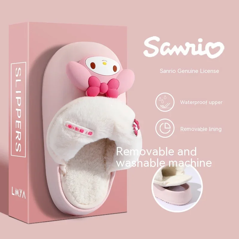 Sanrio Hello Kitty Winter Cotton Slippers Anime Kuromi Cinnamoroll Kawaii Indoor Waterproof Non-Slip Plush Slippers  Girl Gift