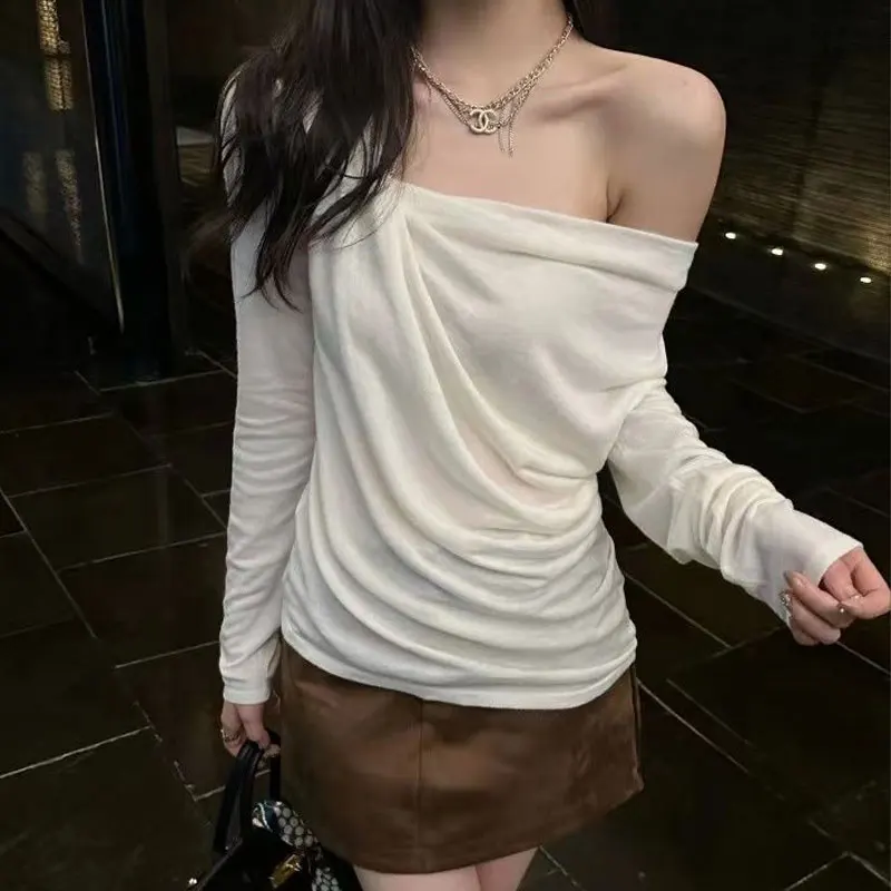 Stylish Folds Asymmetrical Pullovers Female Clothing Solid Color Spring Autumn Long Sleeve Aura Off Shoulder Elegant T-shirts