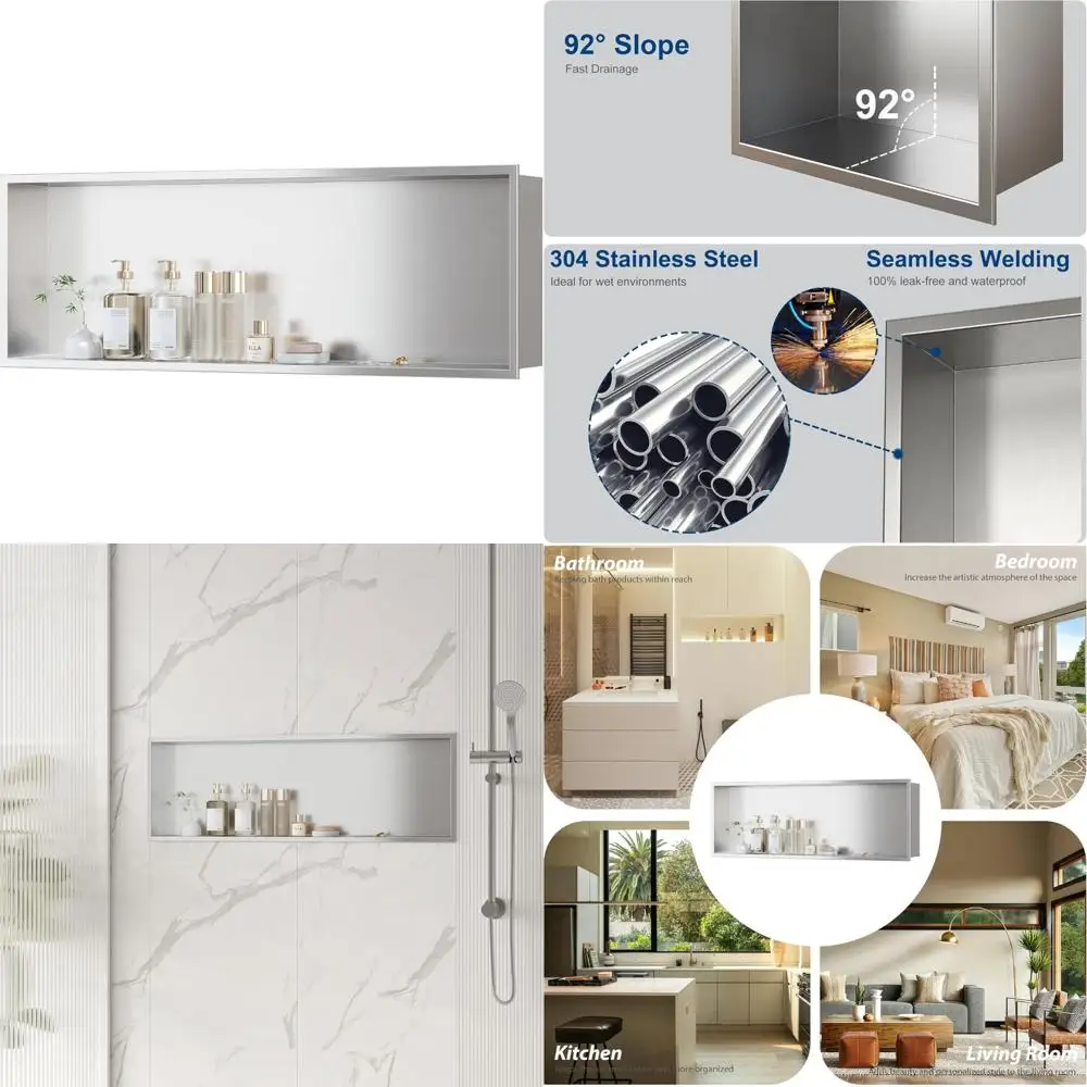 

36-Inch by 12-Inch Stainless Steel Shower Niche with Brushed Nickel Finish for Bathroom Wall Storage, No Tiling Required