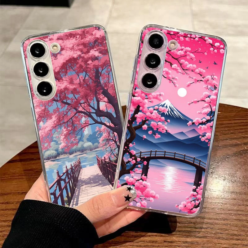Soft TPU for Samsung Galaxy A12 A15 A17 A21S A22 A23 A25 A32 A33 A35 A51 A53 Transparent Phone Case Pink Spring Cherry Blossoms