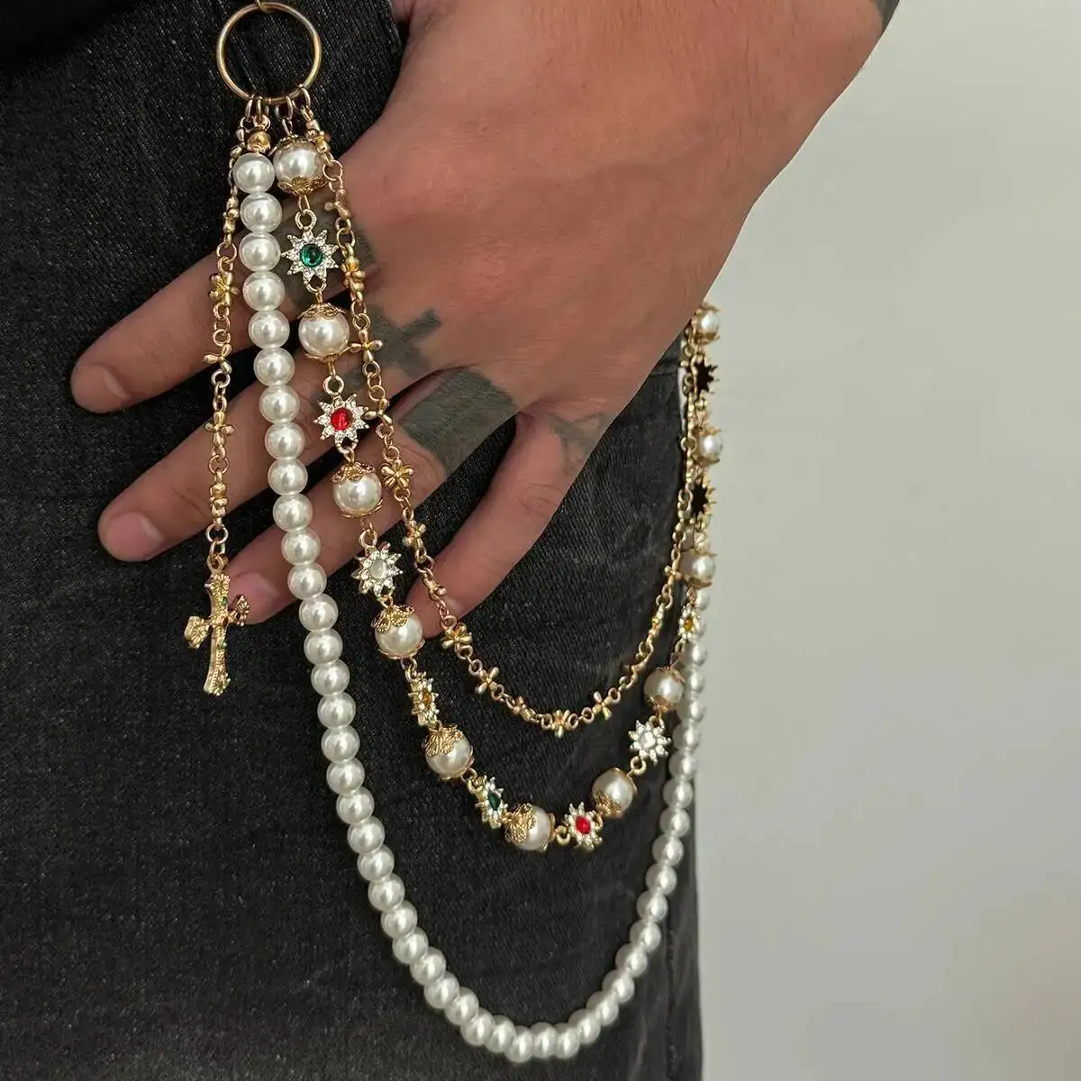 SHIXIN Exquisite Luxury Imitation Pearl Waist Chain Wallet Belt Chain Men Women HipHop Trousers Hipster Pant Chain Keychain