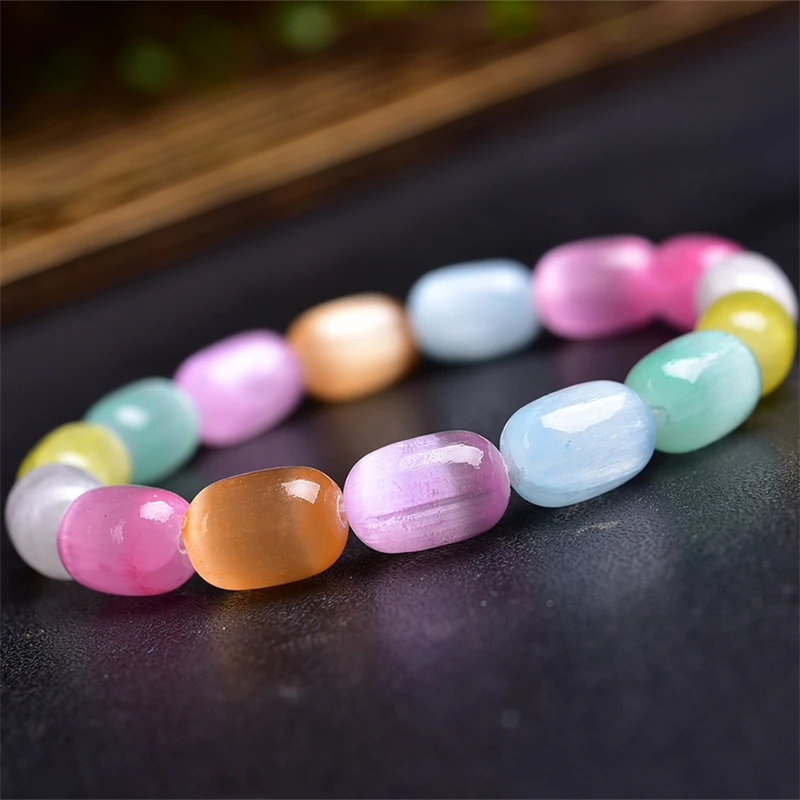 Natural Colored Aura Cat Eye Selenite Bucket Bead Bracelet Energy Healing Fengshui Yoga Elastic Couple Jewelry Gift 1PCS 8MM