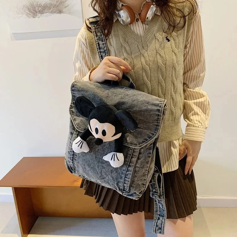 Women's Denim Backpack Autumn Winter Thick Doll Decoration Cute Large Capacity Washed School Bag for Daily & Travel Use