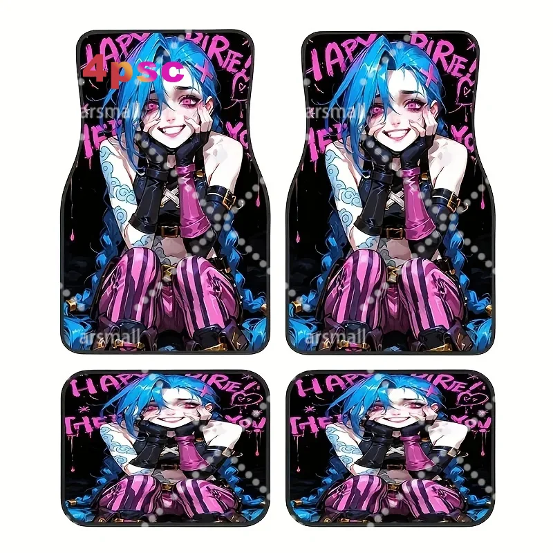 Value Pack - 4pcs Set, Creative Print Anime Girl Design Car Mats - Non-Slip Polyester Floor Mats With Easy-to-Clean Surface, All