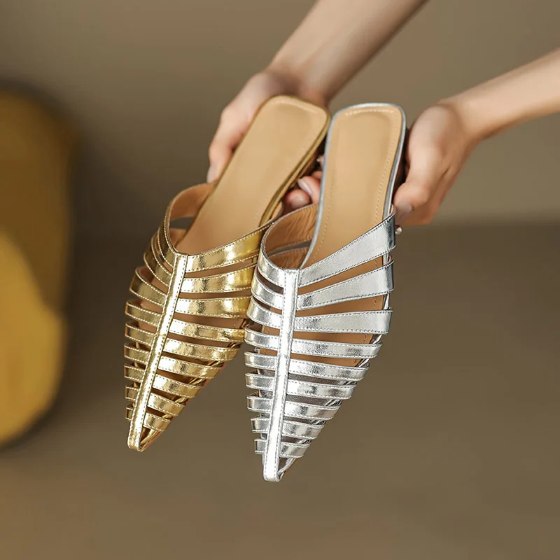 Phoentin Outside Mules shoes Fashion Pointed Toe Slippers for Women summer low Heels Elegant silver gold  big size Sandal FT2394