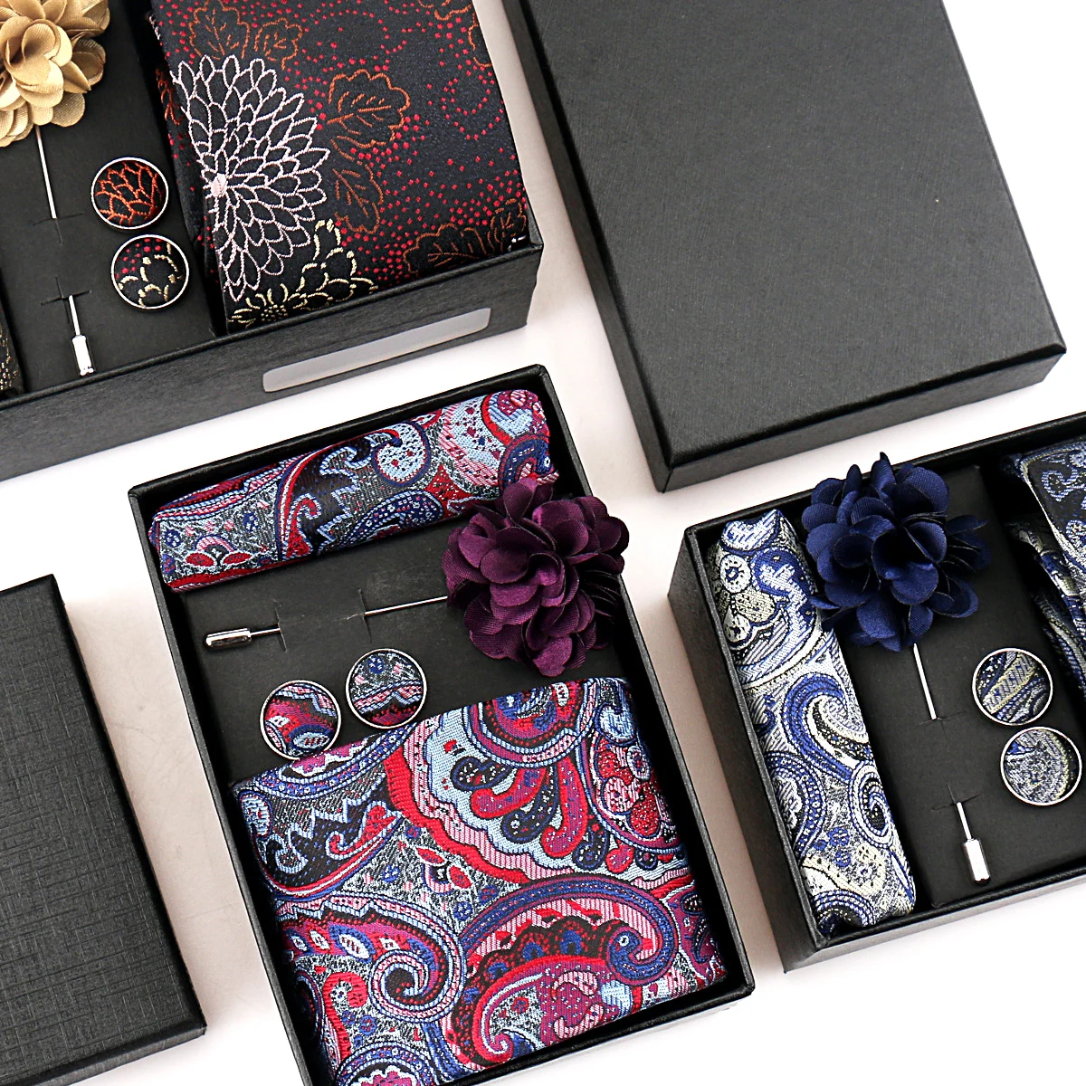 

Men Necktie Flower Pin Set With Box Luxury Necktie Handkerchief Brooch With Cufflinks Set Gift Box Wedding Men Suits Gravatas