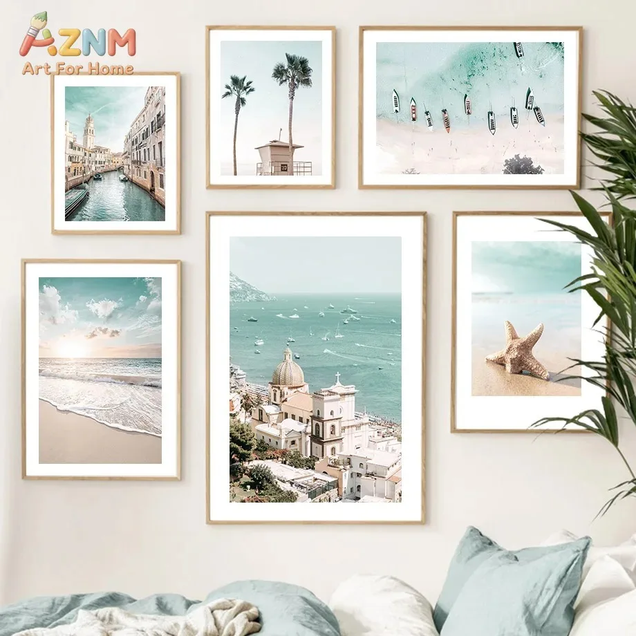 AZNM Coastal Beach Canvas Wall Art Seaside Town Palm Tree Starfish Ocean Scenery Photo Print Frameless Canvas Painting Living Ro