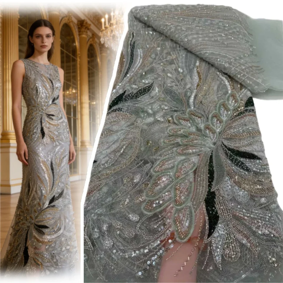 

5 Yards Luxury African Sequins Groom Lace Fabric 2026 High Quality French Nigerian Beaded Lace Fabric for Wedding Dress SZ1985