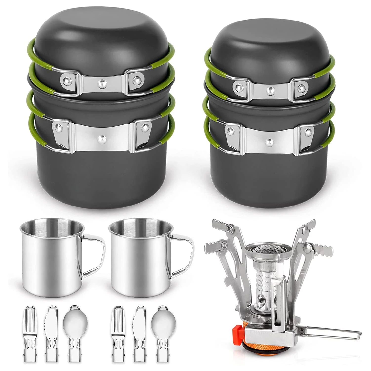 16-Piece Camping Cooker Kit, Light Pot Plate Mini Stove with 2 Cups, Fork and Spoon Kit for Backpack.