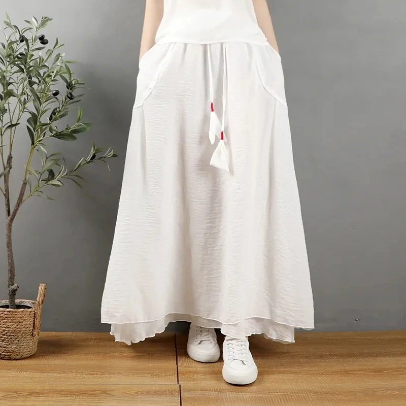 Forest Women's Artistic Clothing Retro Double-layer Cotton And Linen Yarn Skirt Summer Loose Casual Chinese Style Skirt w1480