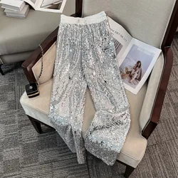 Sequined Wide Leg Pant Women New Korean Fashion High Street Elastic Waist Drawstring Casual High Waisted Glitter Trousers Female