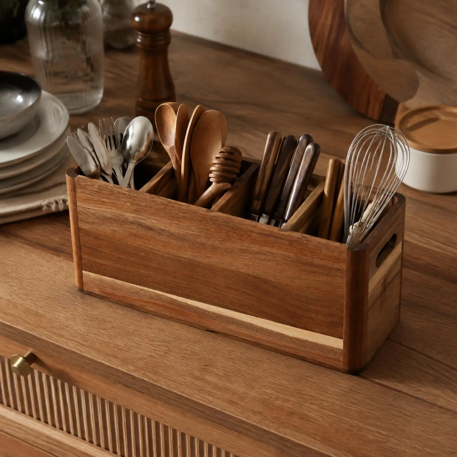 Wooden Utensil Organizer Natural Wood Utensil Holder with Dividers Wooden Cutlery Holder with Handles Rustic Silverware