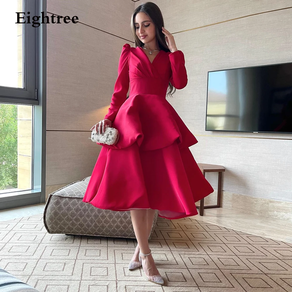 

Eightree Red Saudi Women Evening Party Dresses Arabic A Line Long Sleeves V Neck Tiered Ruffles Tea Length Formal Prom Gowns