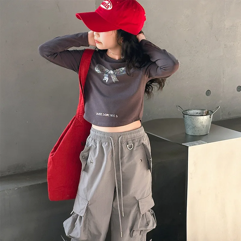Bowknot Sweater Cargo Pants Grils Children Autumn New Fashionable Korean Loose Casual Sweet Cool Long Sleeves Soft