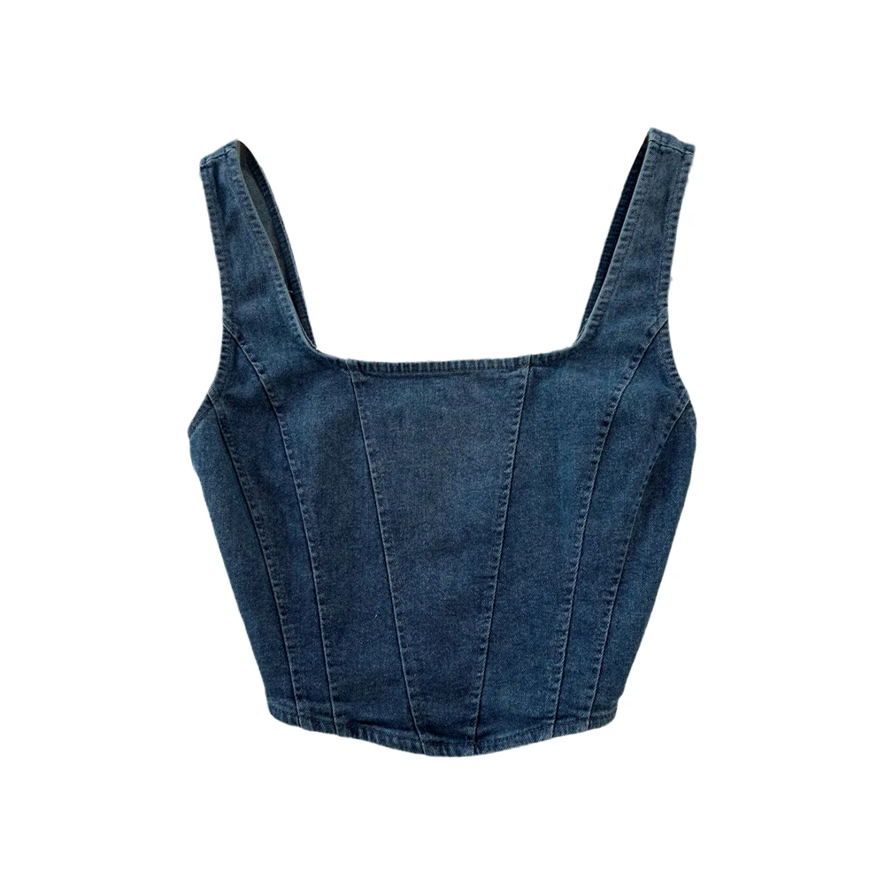 Mulheres Tanque Denim Tops Retro Sexy Collar Quadrado Sem Mangas Colheita Sólida Colheita Verão Feminino Zipper Streetwear Top Curto