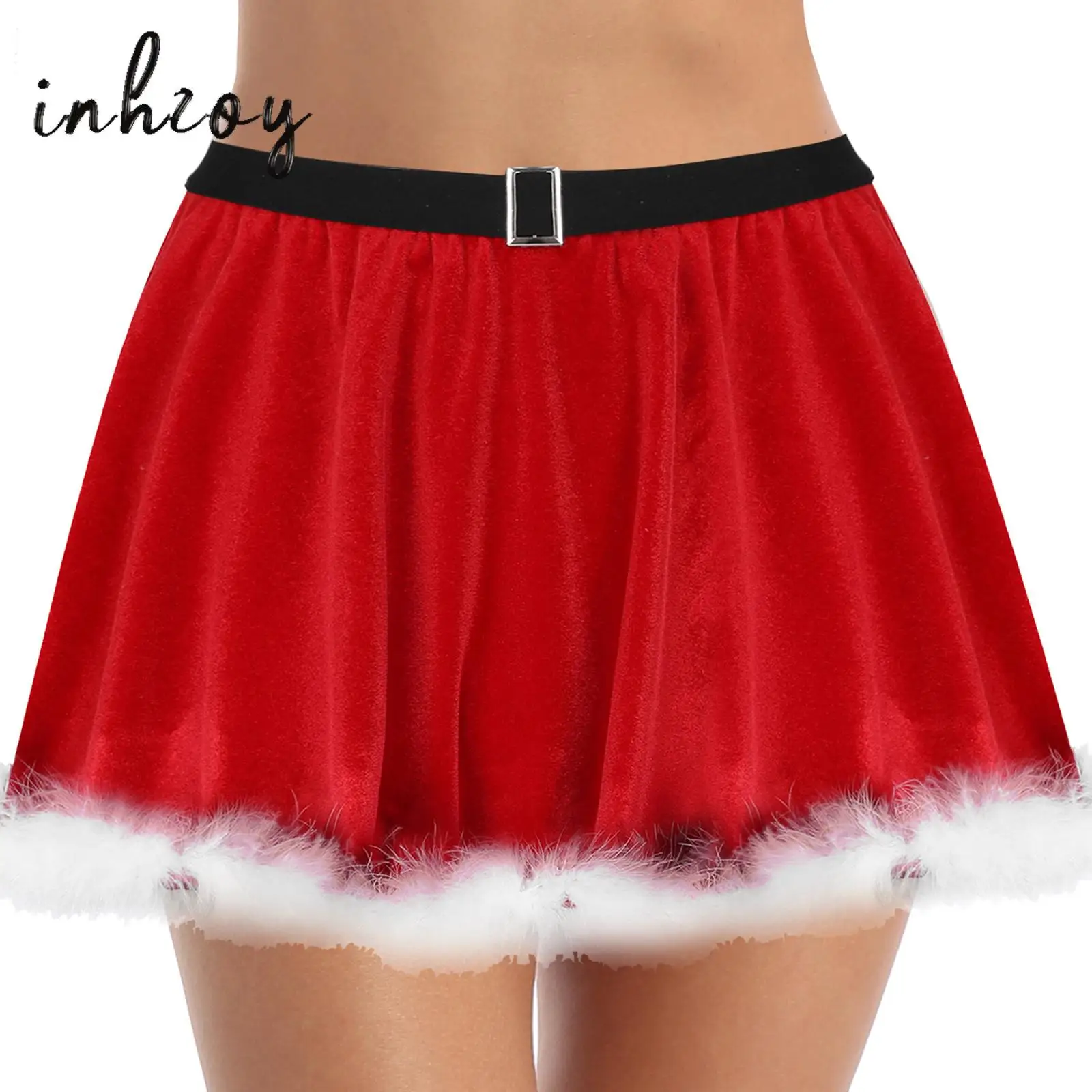 

Women's Christmas Skirt Red Velvet Feather Trimming Mini Skirt Xmas Party New Year Costume Elastic Waistband Ruffled Miniskirt