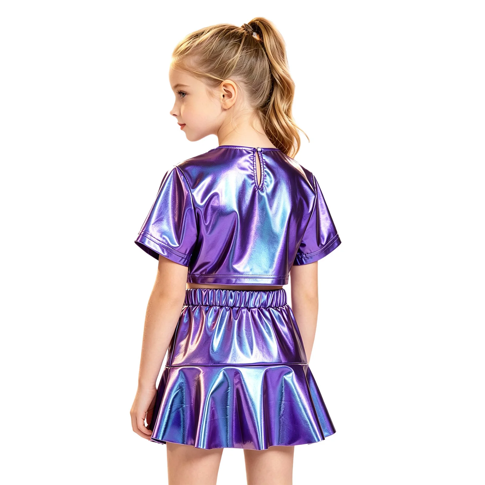 Children Girls Metallic Hip Hop Jazz Street Dance Performance Costume Short Sleeve Flap Pockets Crop Top with Ruffle Cargo Skirt