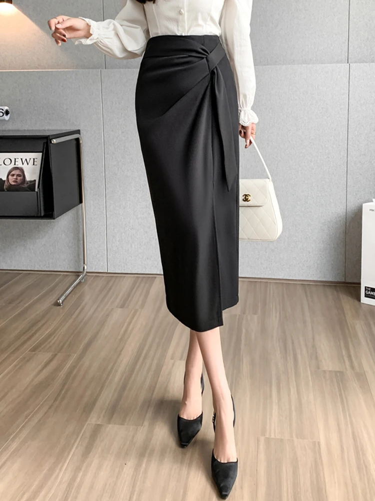 Gonna da abito asimmetrica a vita alta Gonna da donna primavera autunno Design Sense Cravatta a vita alta aderente Midi Gonna a un passo divisa