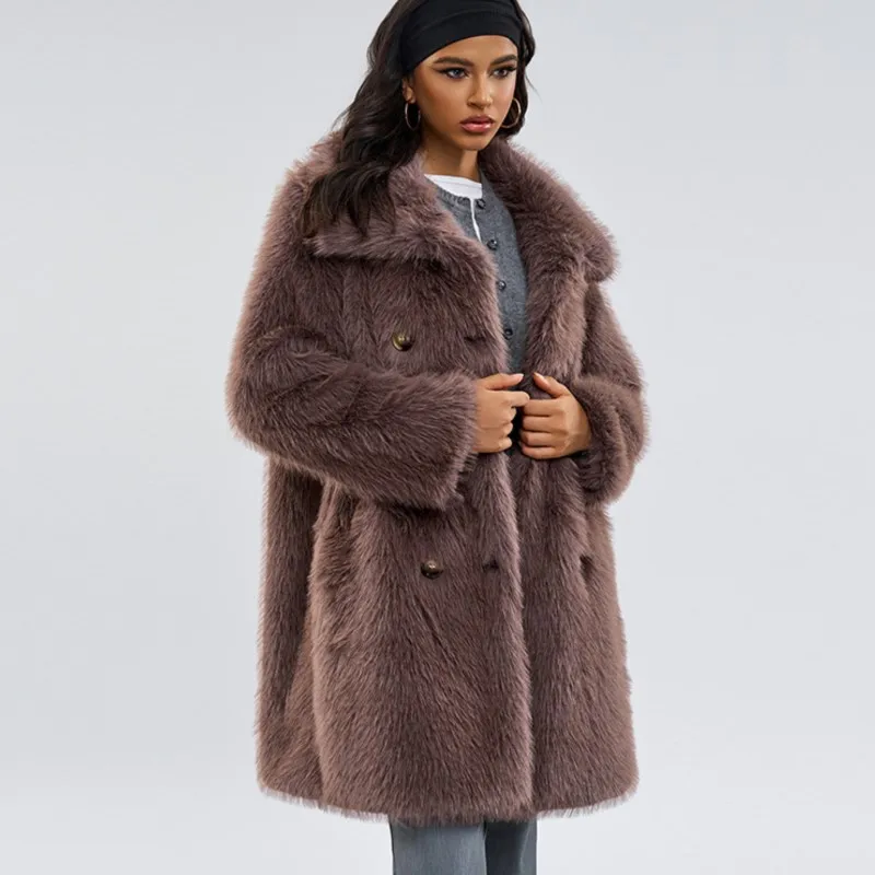 

2025 Vintage Long-haired Faux Fur Jackets Turn-Down Lapel Fall Winter Thicken Warm Fur Fluffy Long Coffee Jackets Top Outerwear
