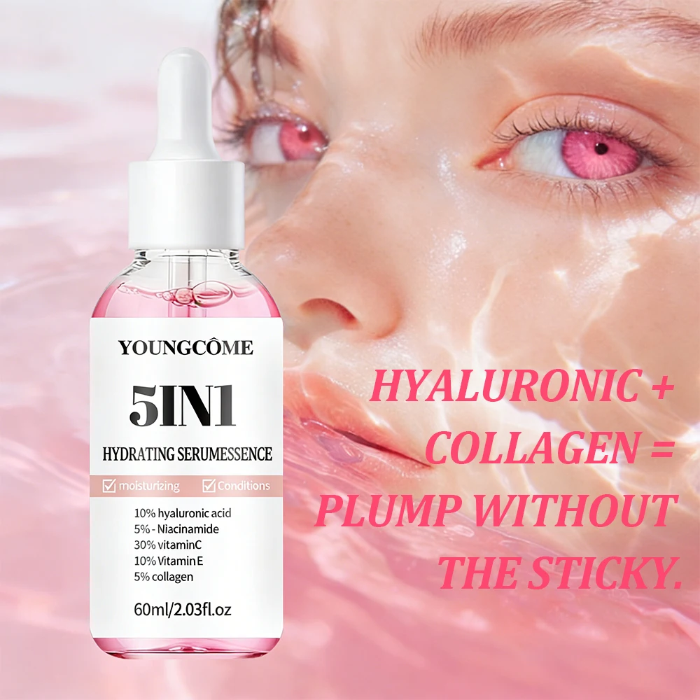 Sérum Facial 5 em 1 com Ácido Hialurônico, Enriquecido com Vitamina C, Vitamina E e Colágeno, Essência Hidratante Diária para uma Pele Mais Luminosa e