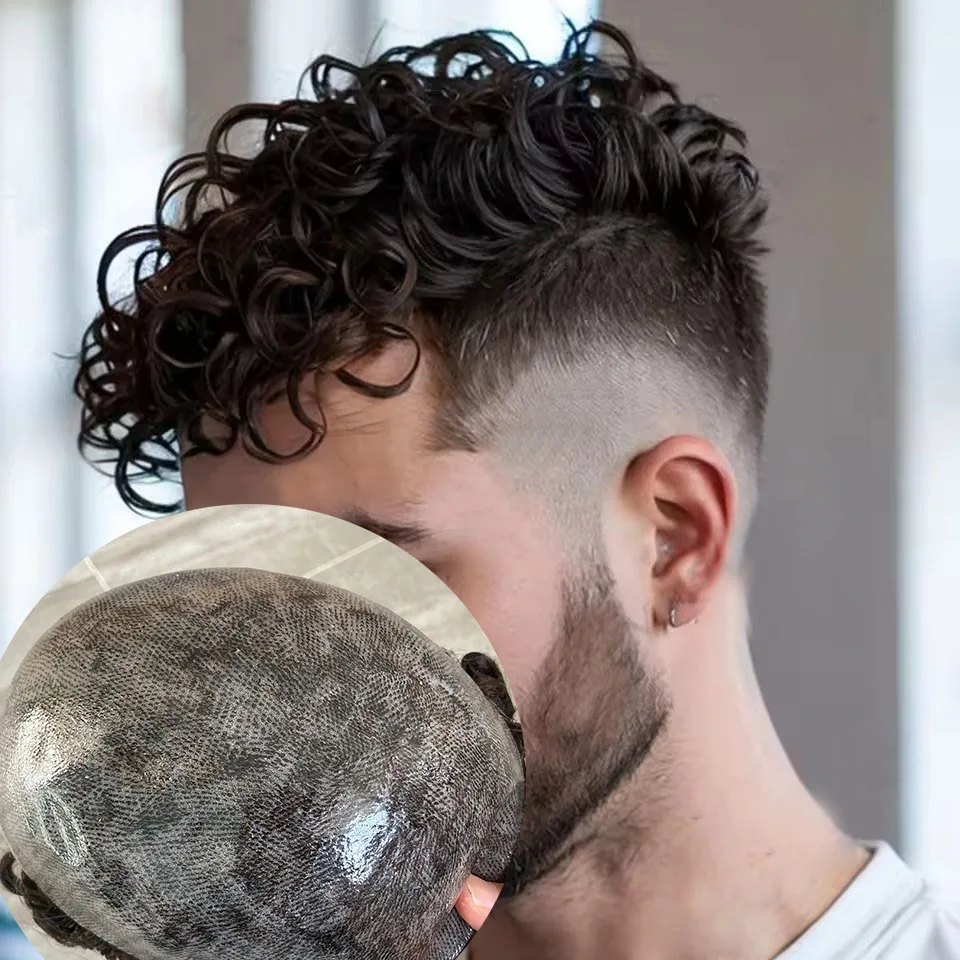 

22 мм вьющийся коричневый черный мужской парик прочный тонкий парик из микрокожи из искусственной кожи 100% система замены человеческих волос 0,1 мм инъекционные протезы