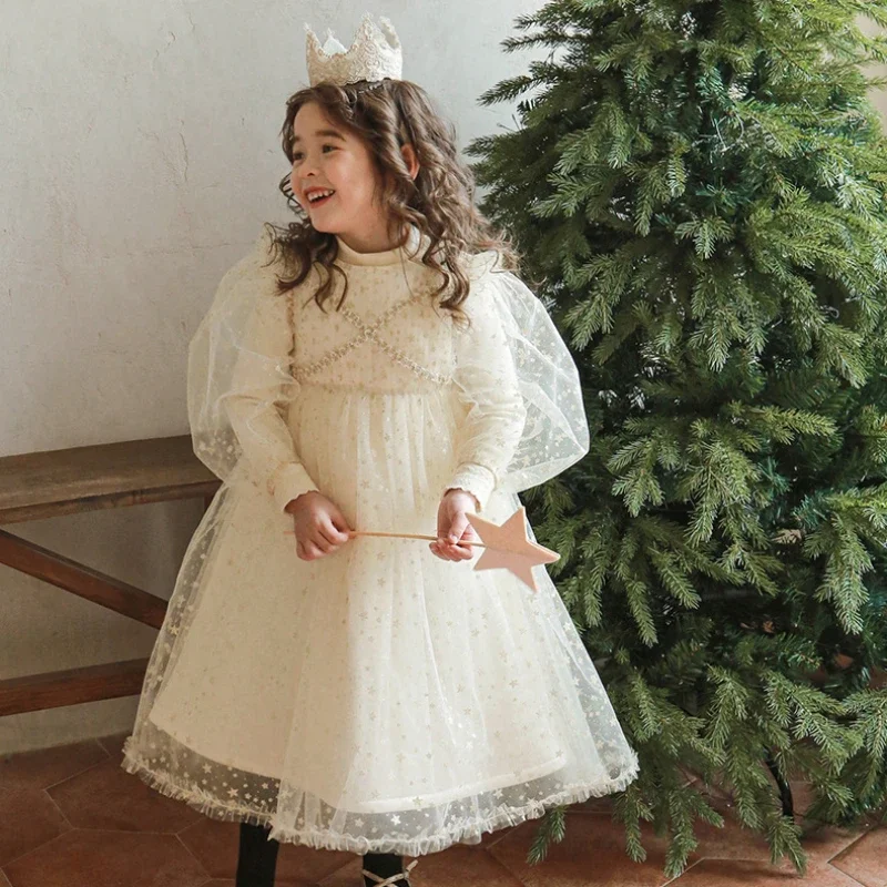 Winter Autumn Baby Girls Shiny Dress French Elegant Black Tulle Lace Dresses Children Clothes Little Girl Party Princess Frocks