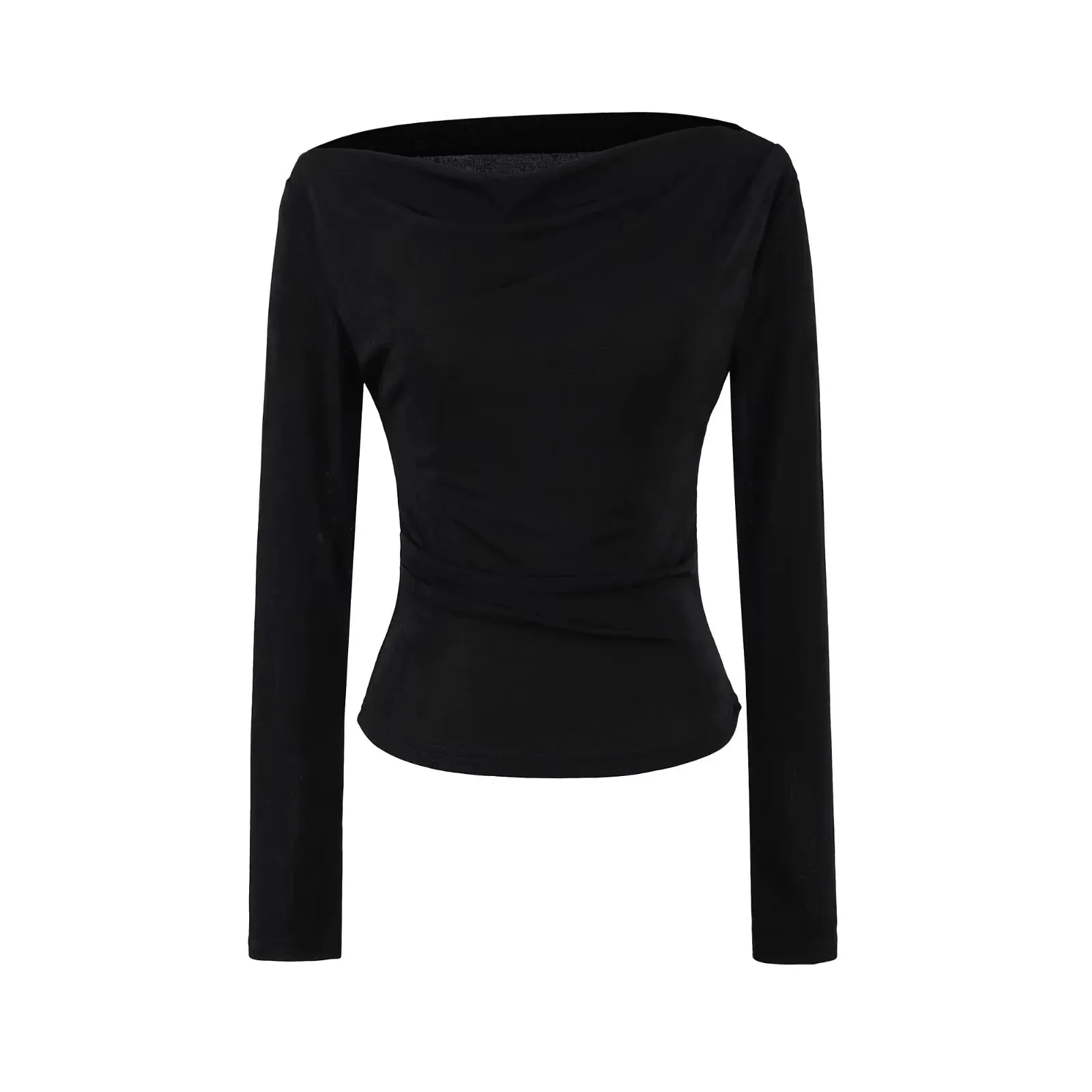 신상 솔리드 컬러 긴팔 티셔츠 스윙 칼라 오프숄더 2025 가을 신상 여성 패션 디자인 센스 퓨어 디자이어 XB3J