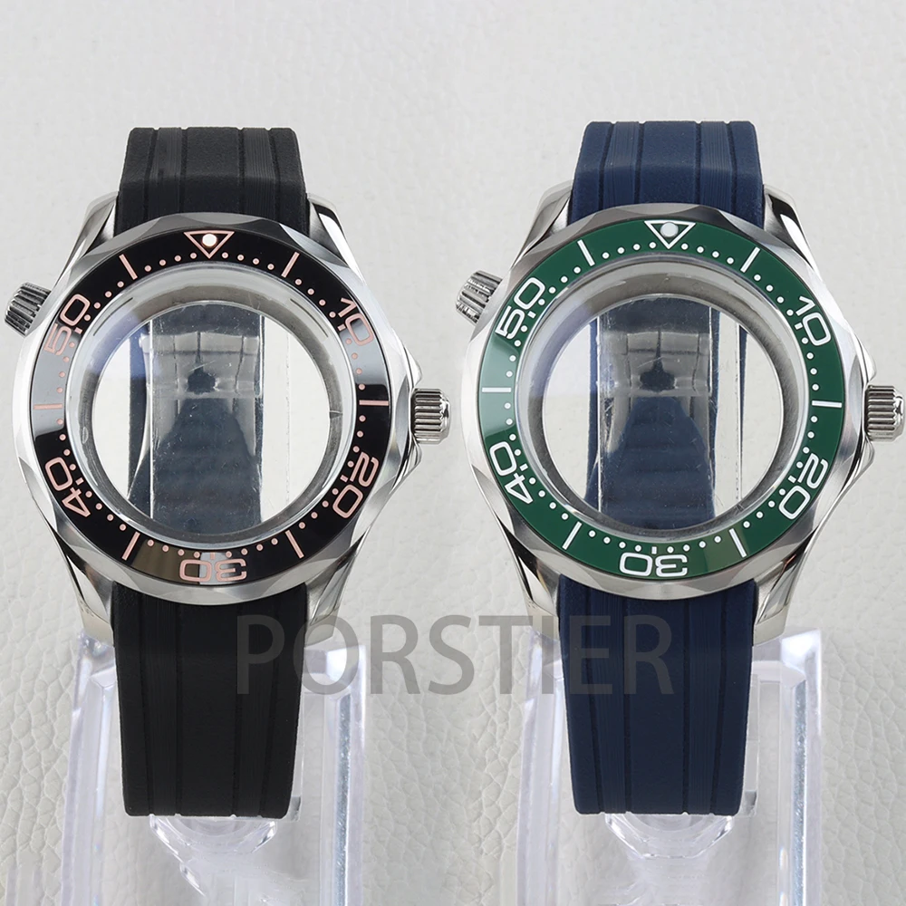 41mm NH35 Watch Case Waterproof For Seamaster 300 NH35 NH36 Movement 31mm Dial Rubber Strap Transparent Back Watch Accessories