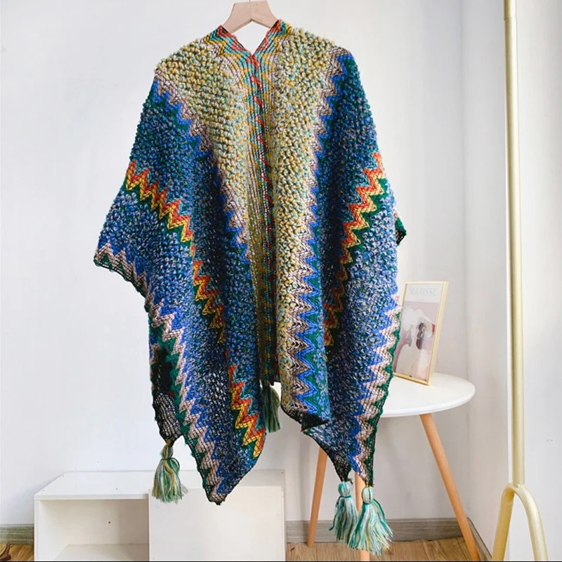 Ethnic Style Knited Cotton Poncho Shawls Women Soft Winter Warm Striped Knitted Cape Polyester Knitting Wraps