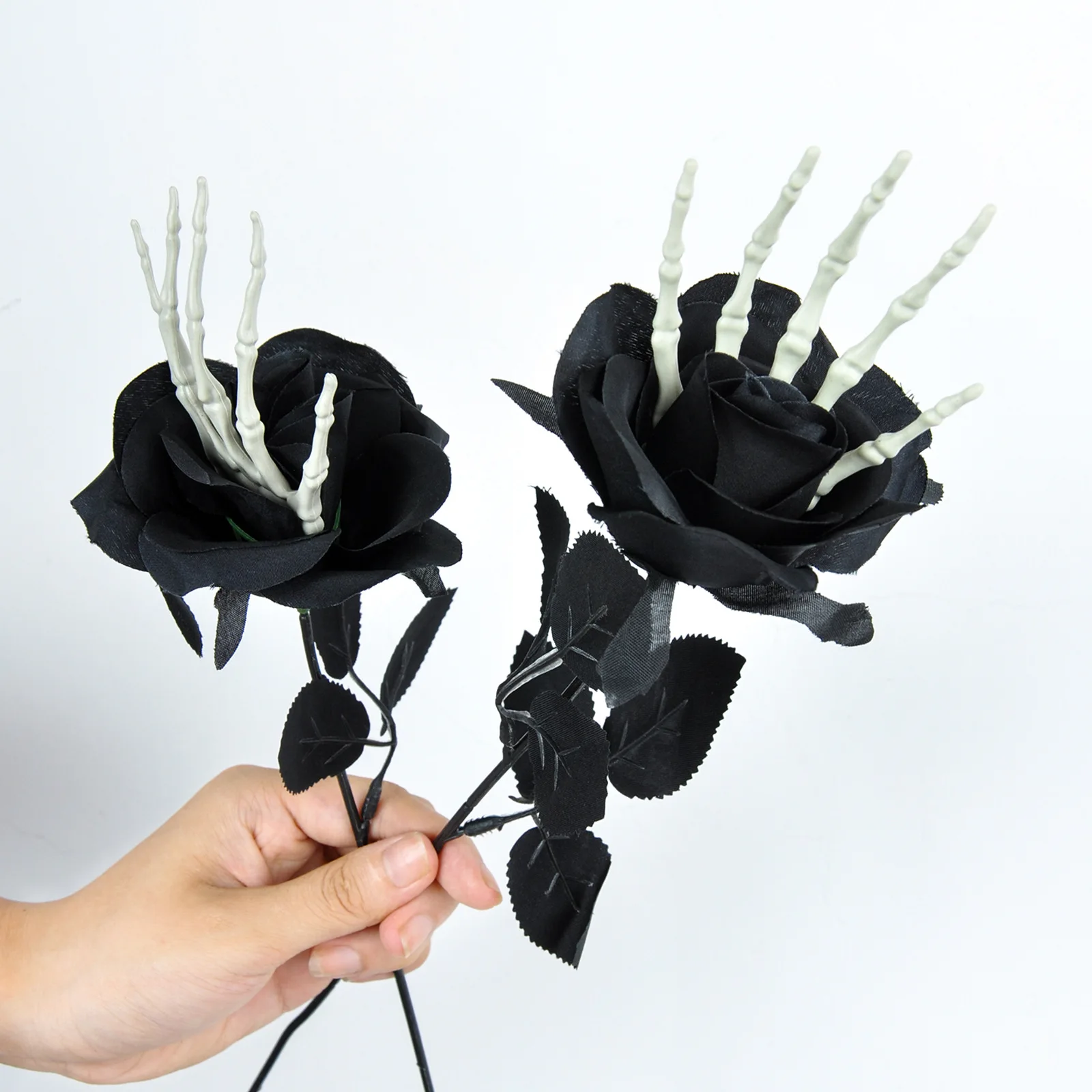 

2Pcs Plastic Black Artificial Roses with Skeleton Hands & Eucalyptus Leaves Halloween Spooky Skull Decorative Floral Bouquet Set