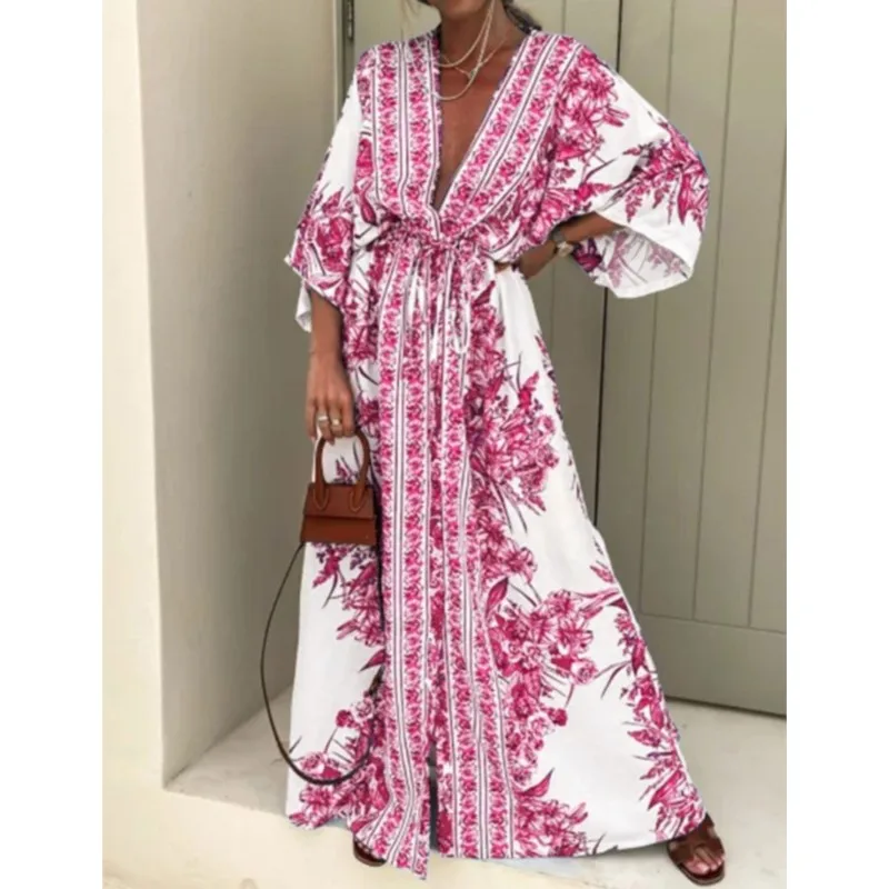 Women Boho Deep V Neck Waist Drawstring Long Dresses Spring Printed Vintage Maxi Dress Summer Short Sleeves Loose Beach Vestidos